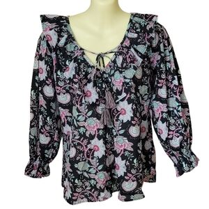 Mille Resort & Travel Floral Boho Peasant Top - Navy, Pink & Mint SZ XXS 👀